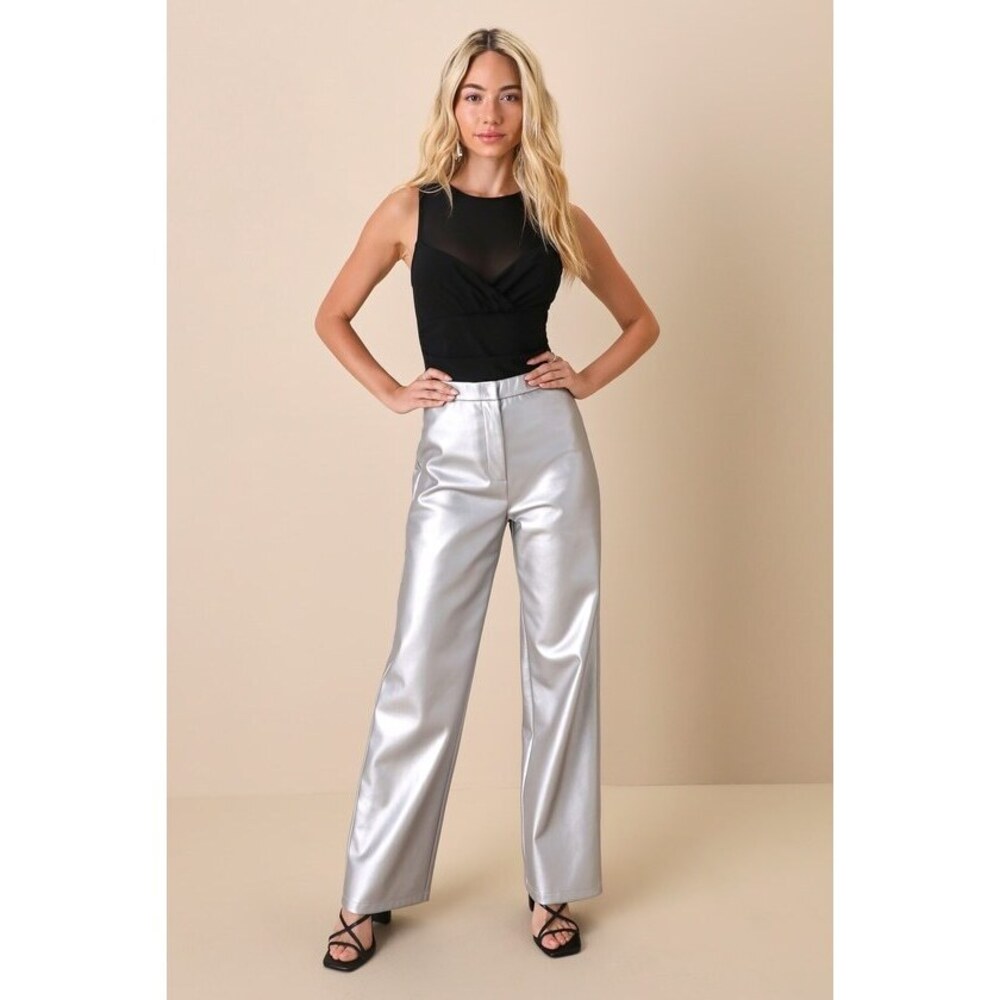 Brand New Worn Once Lulus Silver Vegan Leather Straight Leg Pants